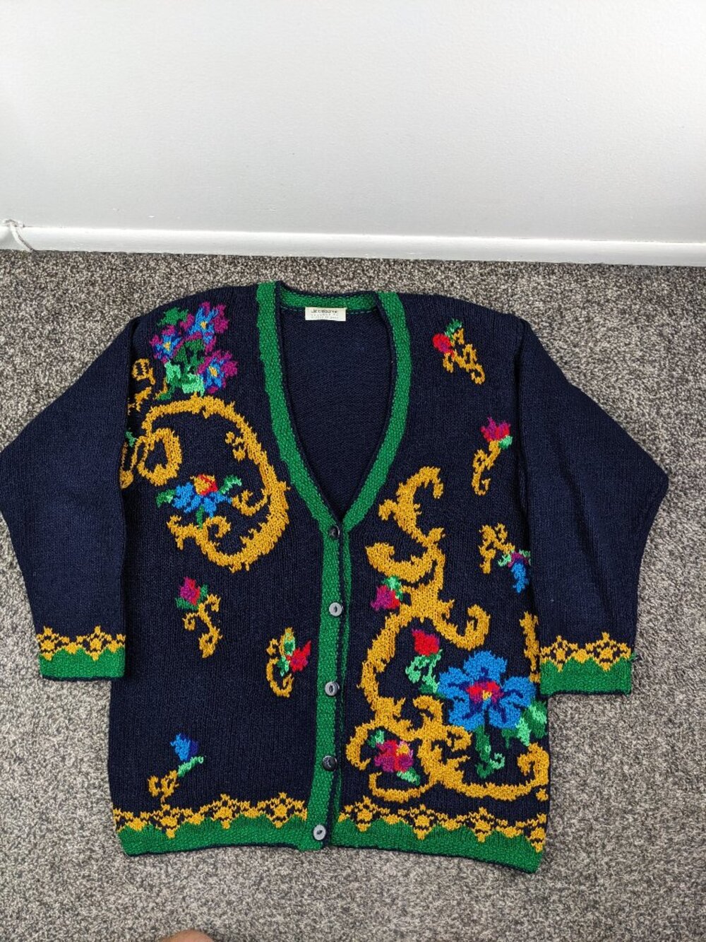 Vintage Liz Claiborne Sweater Cardigan Hand Knit Paisley Floral Womens XL